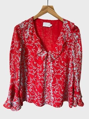 Tanya Taylor Red Floral Ruffle V-Neck Blouse with Bell Sleeves